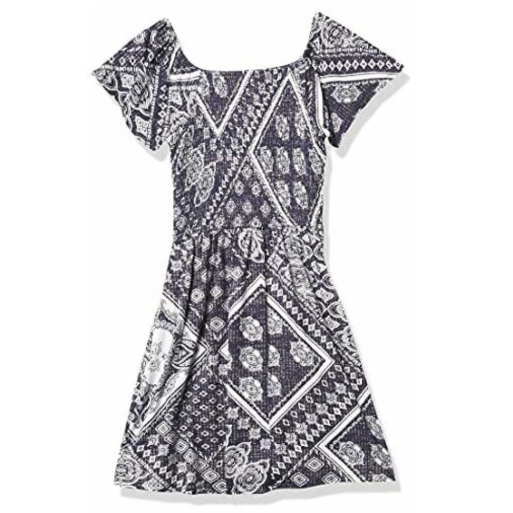 Speechless Girls Boho Navy & White Flutter Sleeve Smocked Dress, Size 8, New